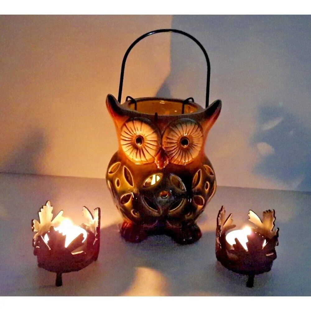 Rite Aid Home Owl Tealight Lantern & Metal Leaf Candle Holders Set Brown Orange